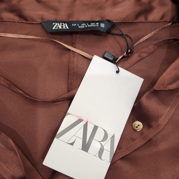 Zara Satin Effect Blouse, With Garter Band,Brown, Women's Large - Picture 8 of 12